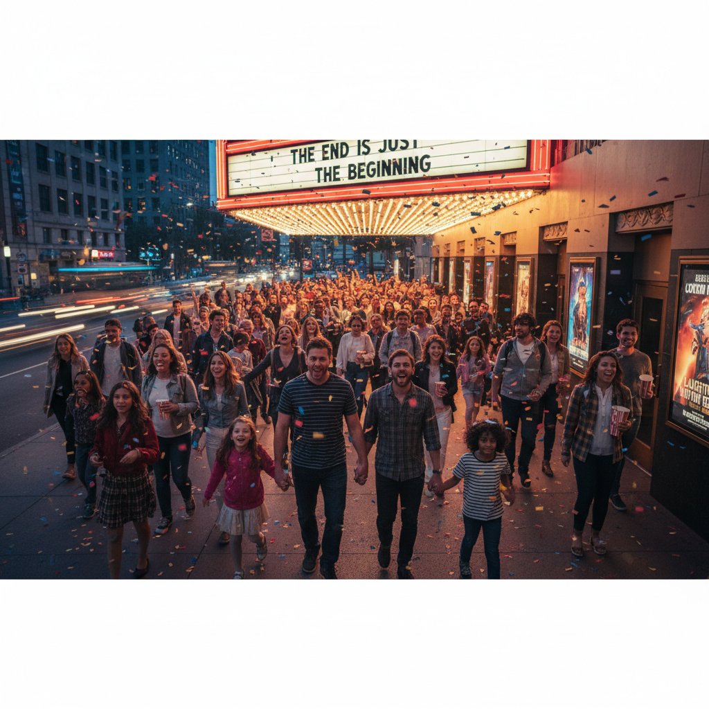 Uplifting shot of a diverse audience leaving a movie theater, energized by the comedy cinema experience