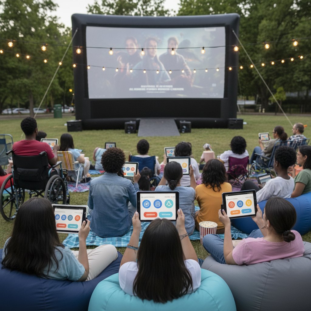 Diverse group watching a movie, some using tablets with accessibility controls, cozy living space