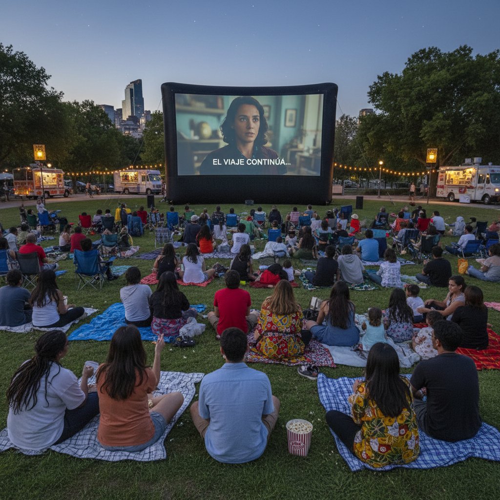 Diverse audience at outdoor movie night with subtitles, enjoying subtitled foreign film