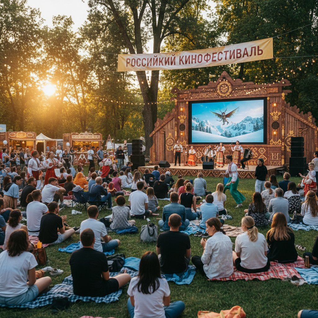 Diverse international audience watching Russian film at outdoor festival, symbolizing Russian movies’ global reach