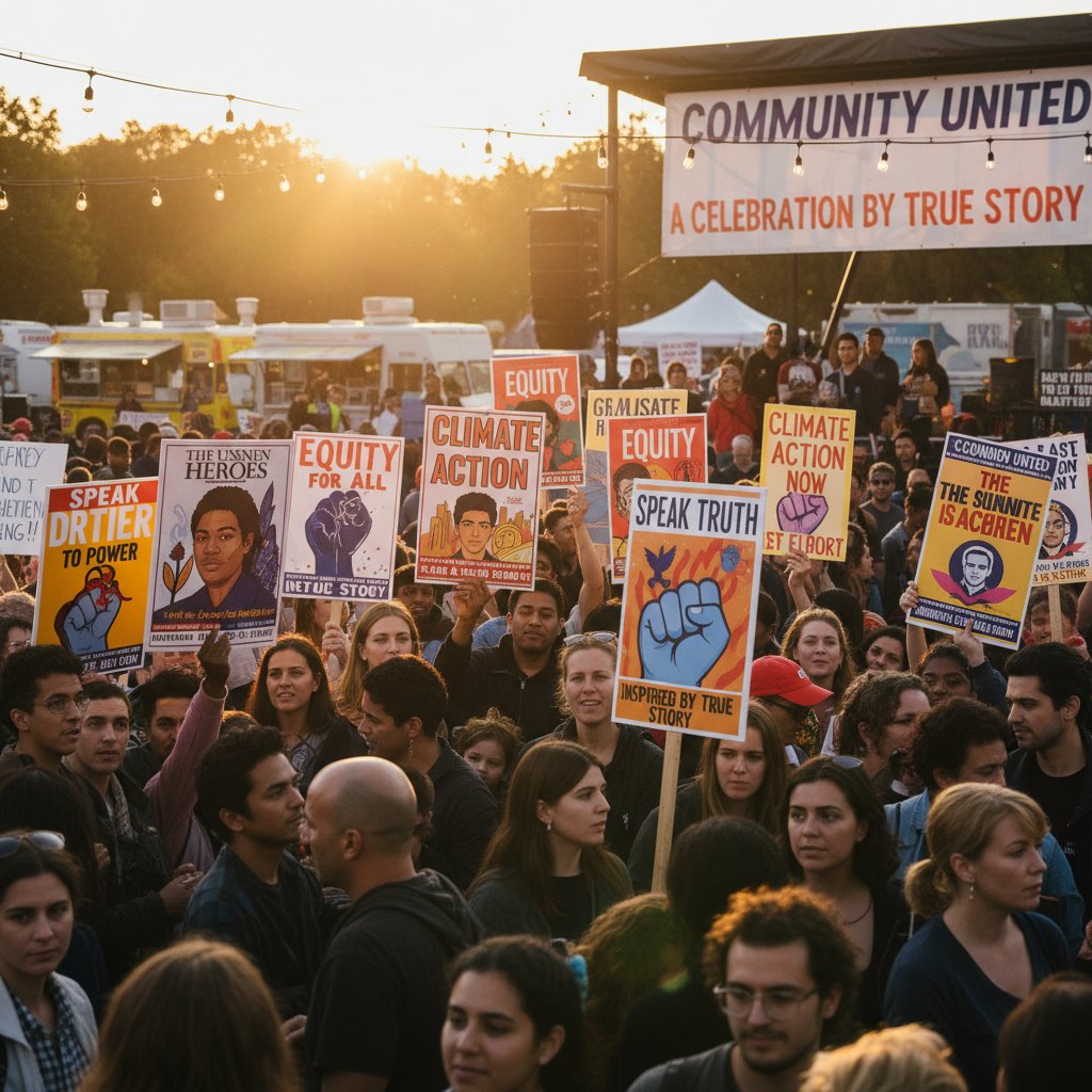Diverse audience at community event inspired by true story movie, activism posters visible