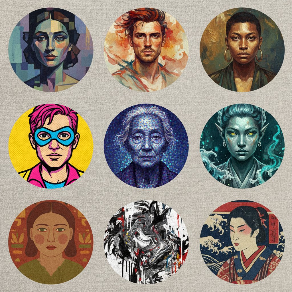 Zbliżenie na zestaw różnorodnych avatarów z efektem malowania, każdy w innym stylu i kolorystyce