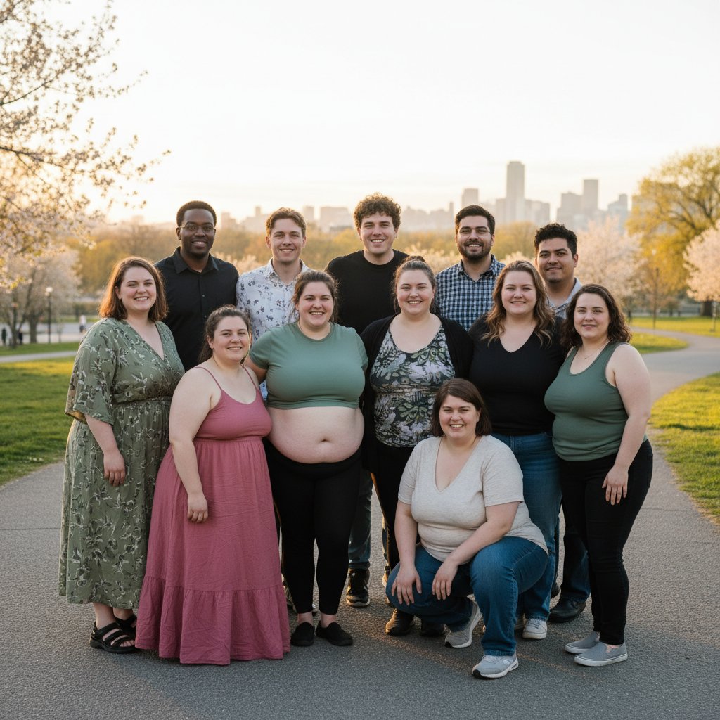 Różnorodność sylwetek a indywidualna tkanka tłuszczowa – zdjęcie grupy ludzi o różnych kształtach ciała