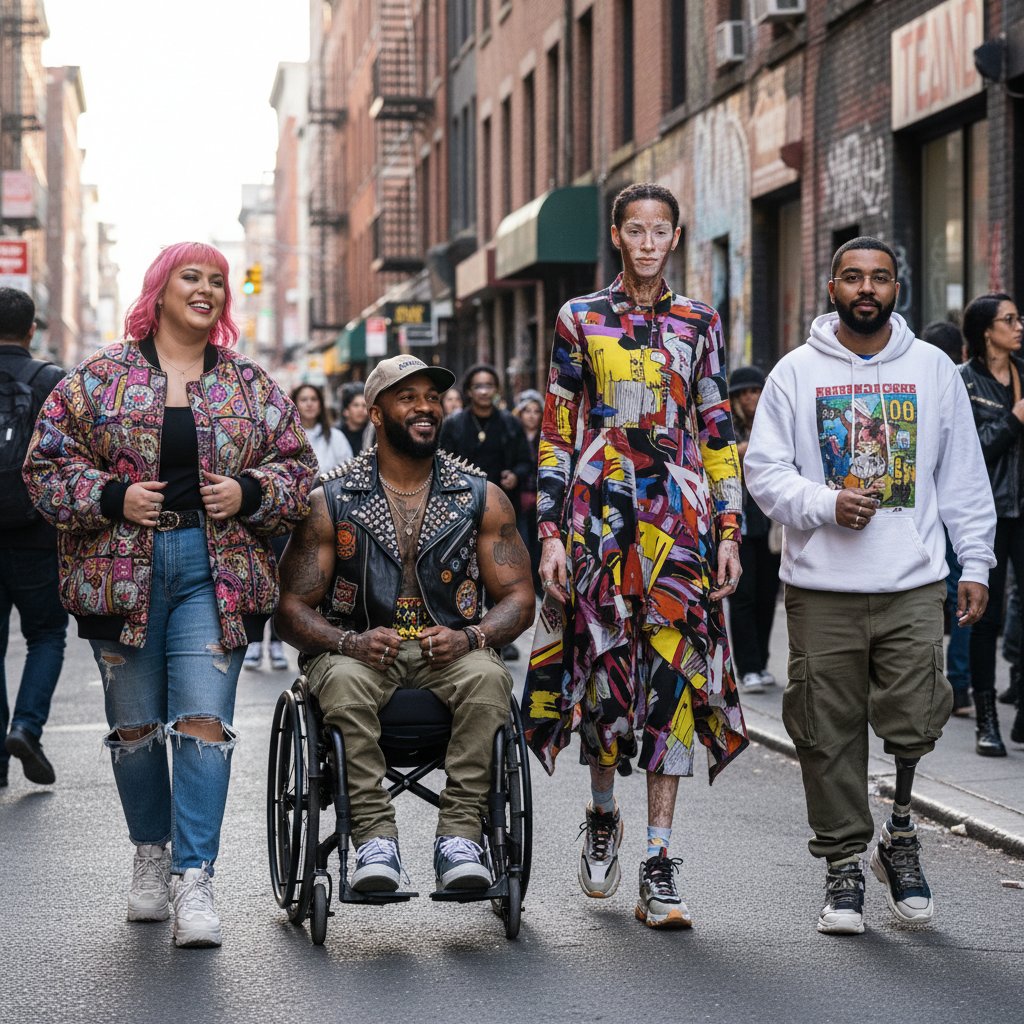 Różnorodne sylwetki kobiet i mężczyzn na ulicy, pokazujące inkluzywność