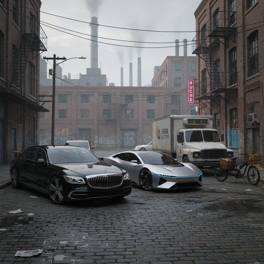 Diverse business cars for contrasting needs, featuring a luxury sedan, electric vehicle, and work van in a gritty urban setting