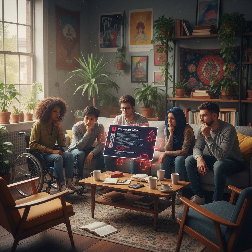 Diverse candidates on different devices swiping past each other, algorithmic bias in roommate search platforms