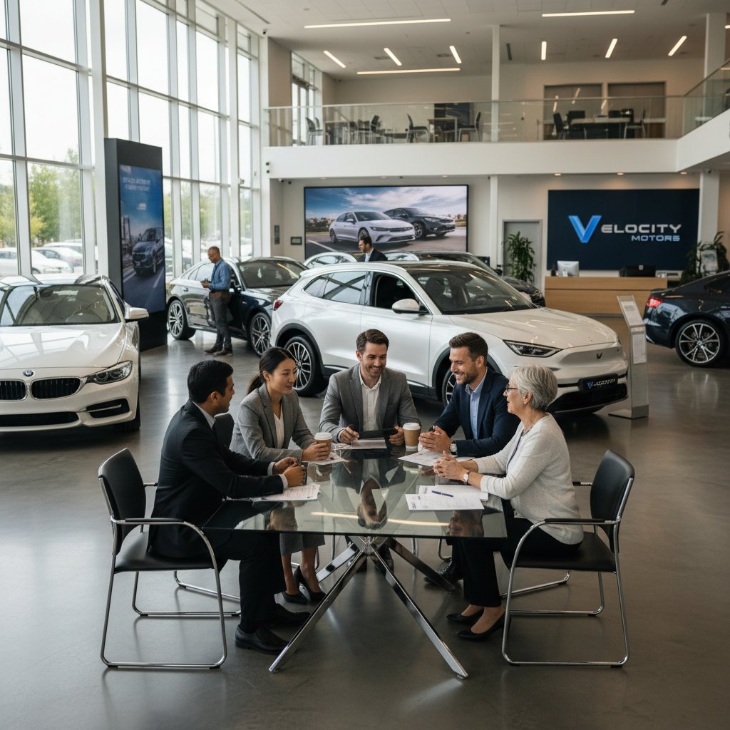 Diverse group of unexpected car buyers discussing deals inside a modern car dealership, edgy atmosphere