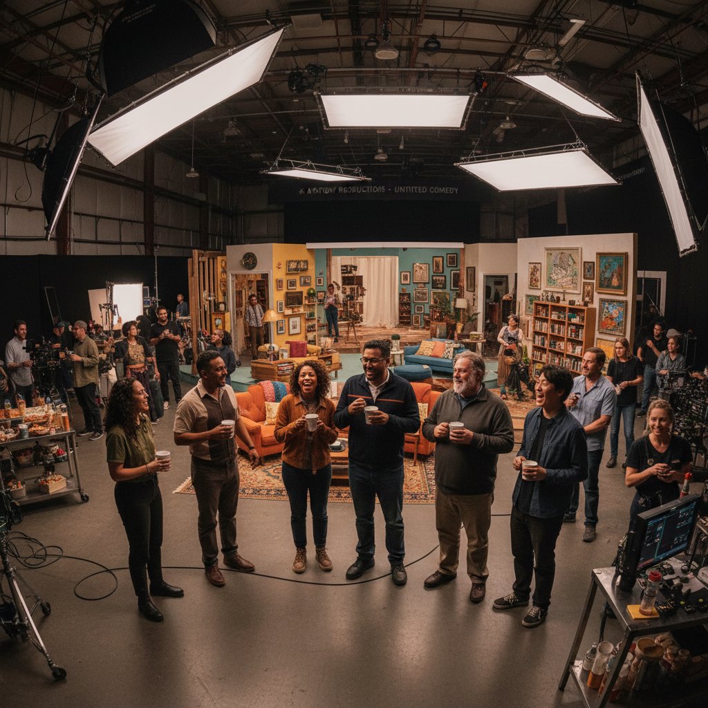 Diverse cast interacting on set of recent Apatow project, dynamic and inclusive, modern studio