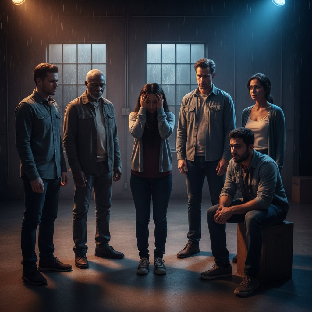 Diverse cast in dramatic lighting, symbolizing shared self-doubt in movies with marginalized voices