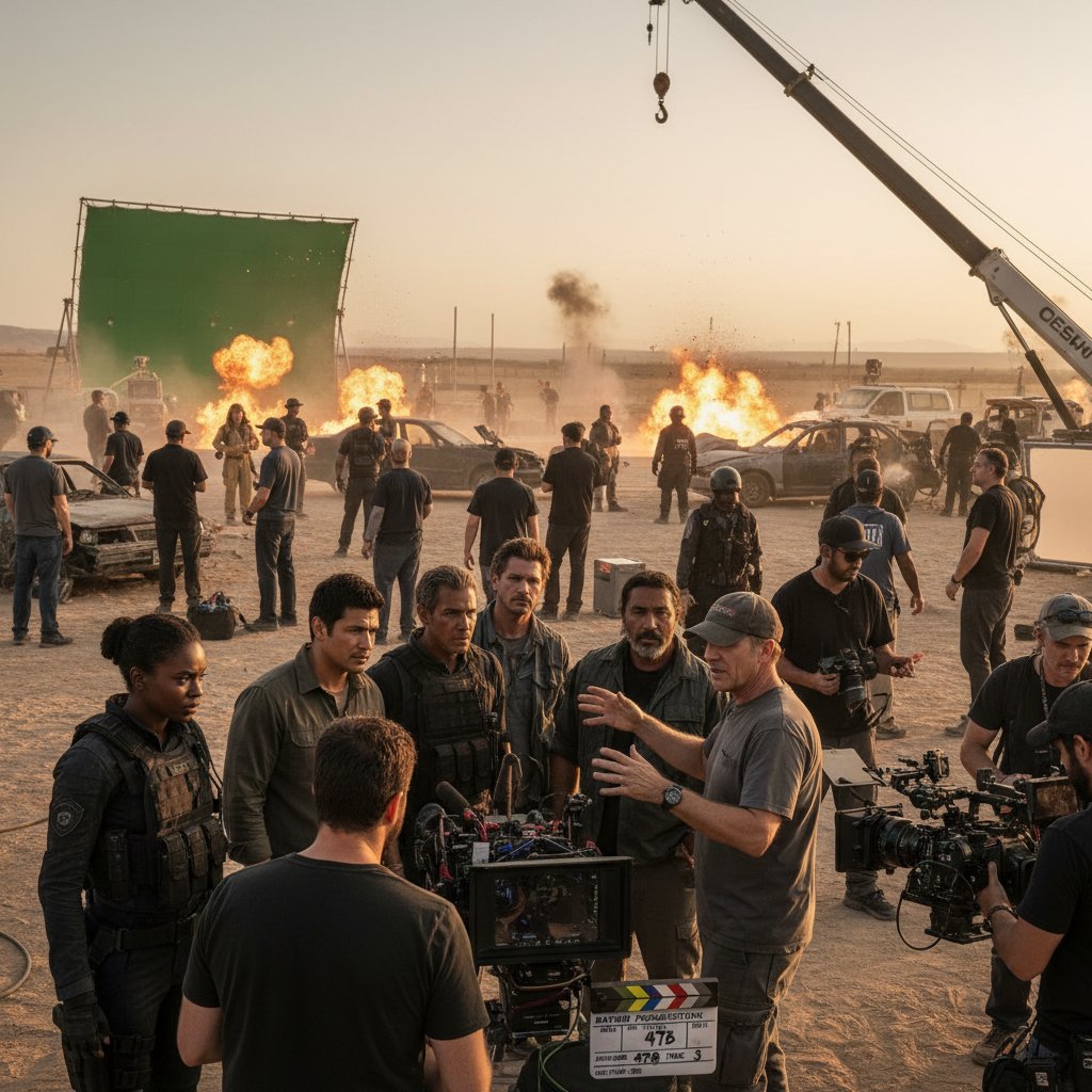 Diverse cast of actors on a michael bay movie set, behind-the-scenes, collaboration, modern Hollywood