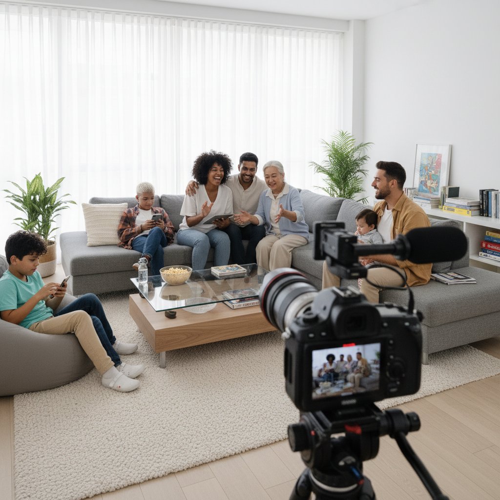 Behind-the-scenes photo of a multicultural family drama being filmed for a streaming service