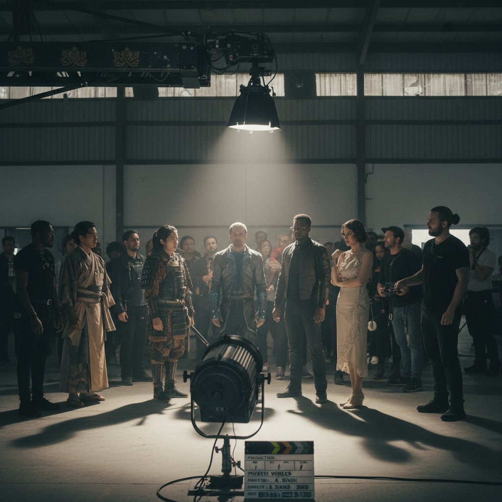 Documentary-style photo, diverse cast on movie set, spotlight and shadows representing movie bias and representation