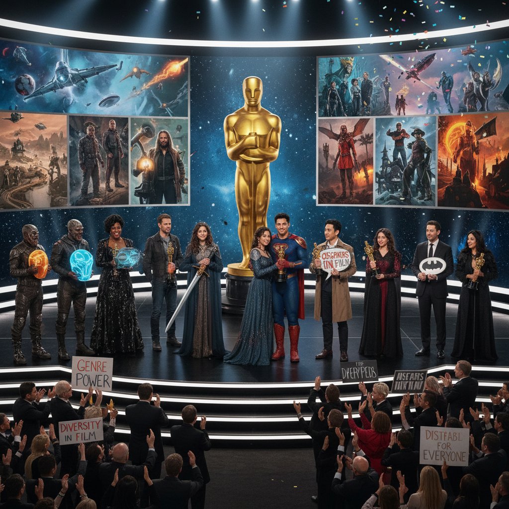 Diverse cast on Oscar stage, representing multiple genres and cultures