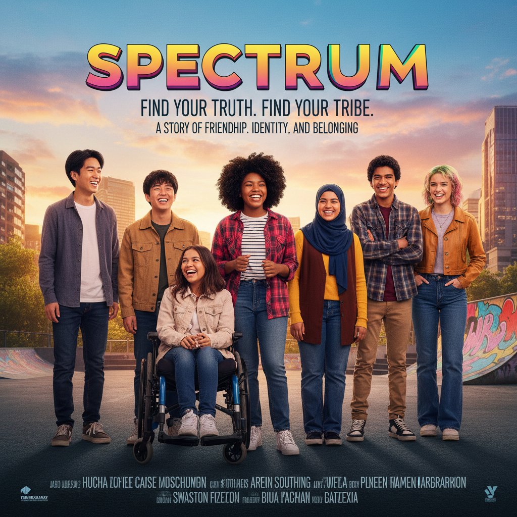 Diverse cast of a modern YA movie, bright candid photo with visible representation across race, gender, and ability