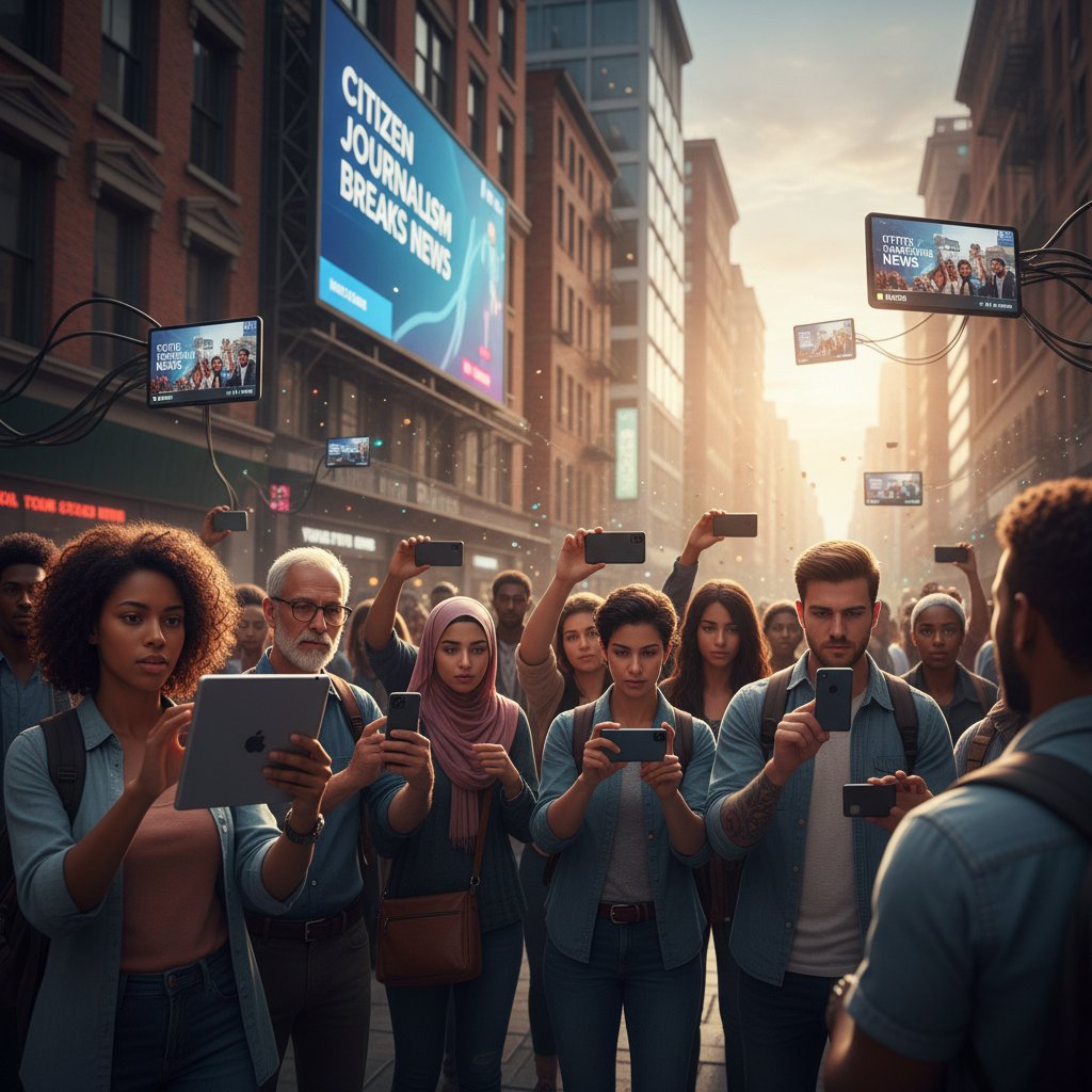 A group of diverse citizens reporting news from their phones, representing democratized journalism