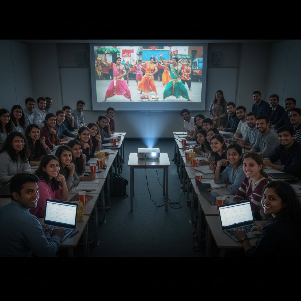 Diverse classroom watching a classic Indian film, projector light, engaged students, 16:9