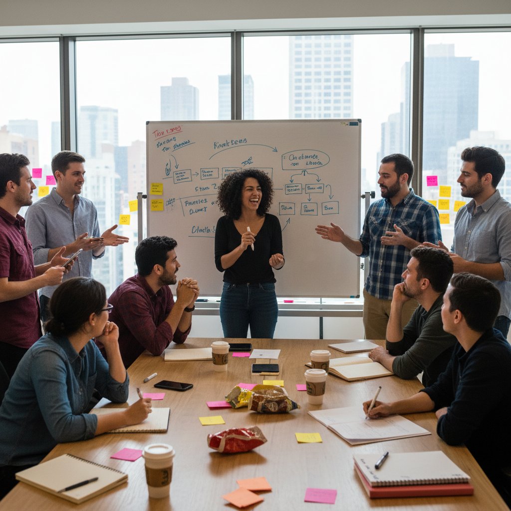 Diverse comedy writers brainstorming ideas