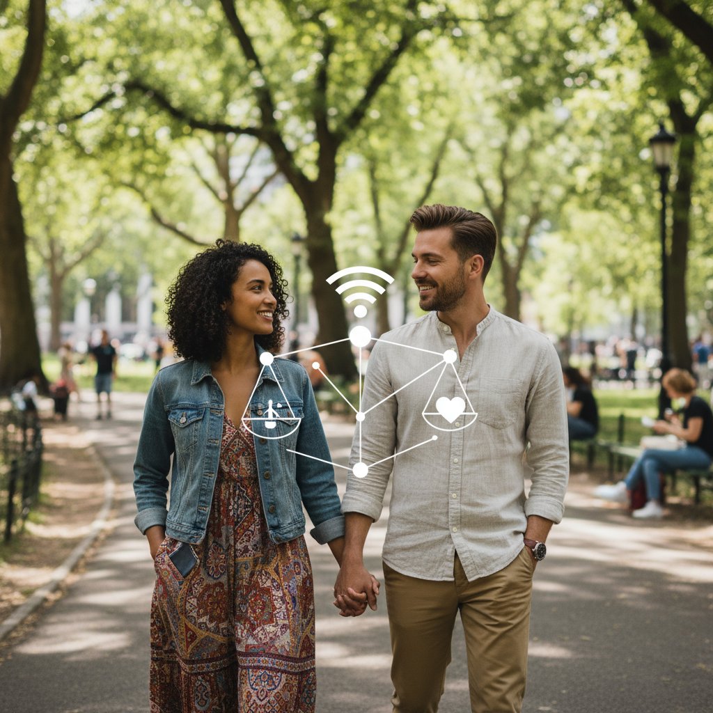 A diverse couple holding hands in a city park, smiling at each other with smartphones in pocket, symbolizing balance between digital and real-world connection.