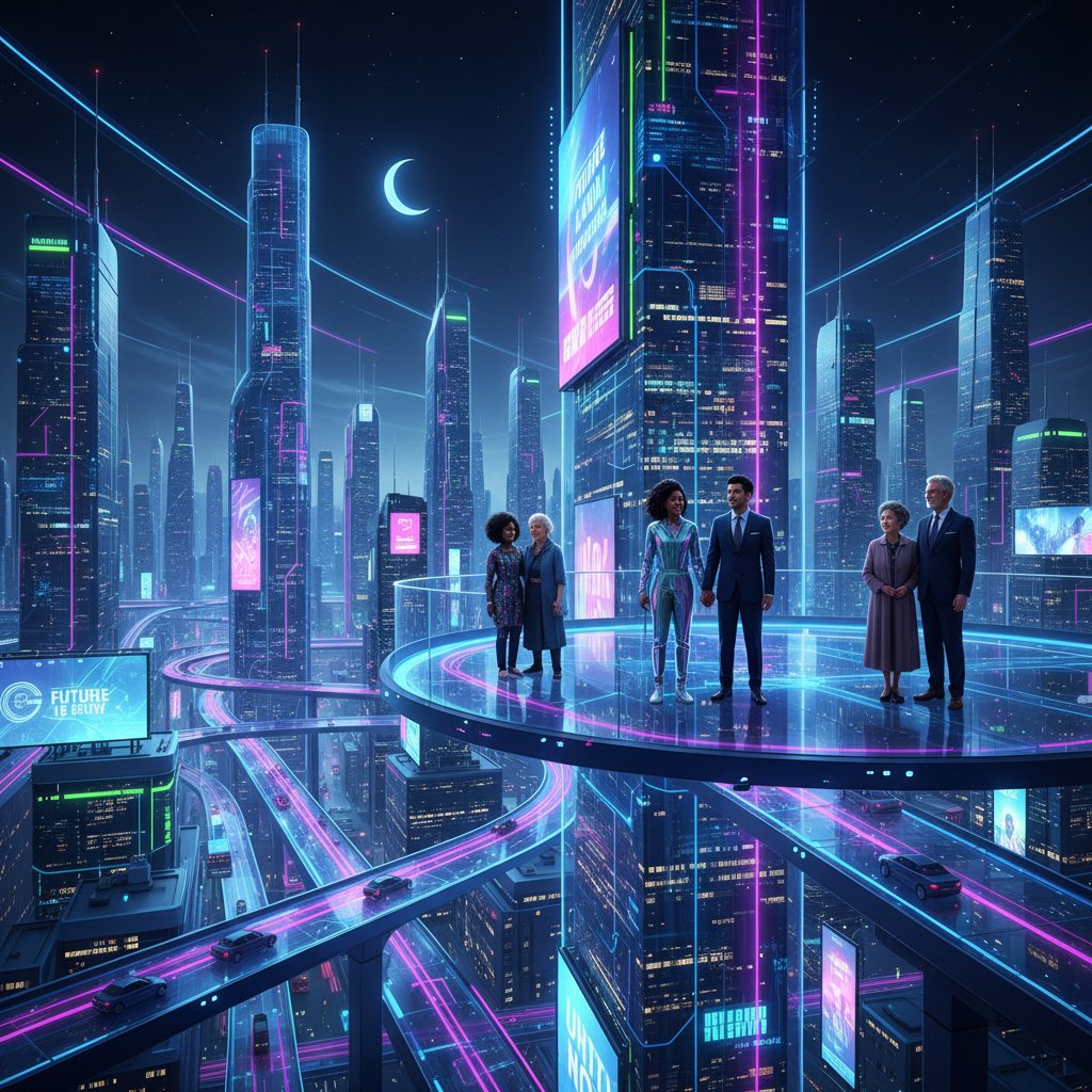 Diverse couples in a neon-lit digital cityscape, representing the future of dating advice and romance