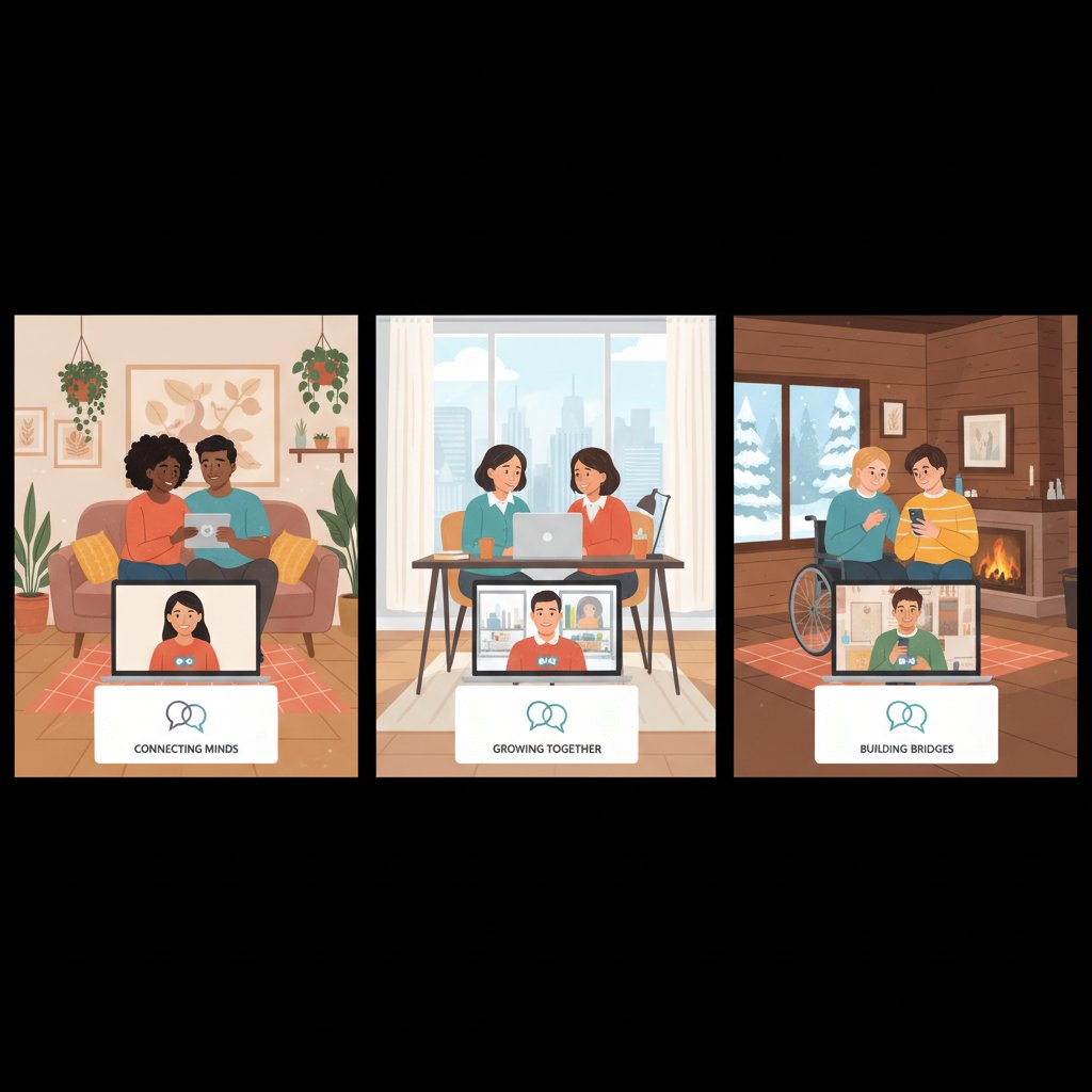 Diverse couples connecting through online therapy sessions on various devices. Modern digital relationship therapy for all backgrounds