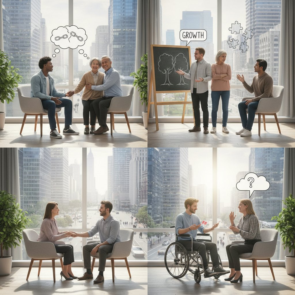 Diverse couples experiencing different results from relationship counseling, urban, expressive