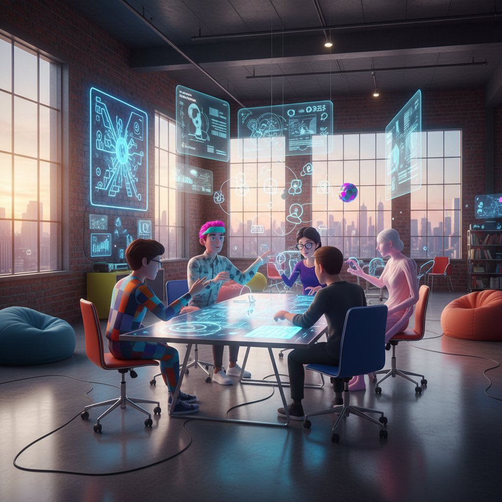 Zespół kreatywny i awatary AI podczas burzy mózgów w nowoczesnym biurze typu loft