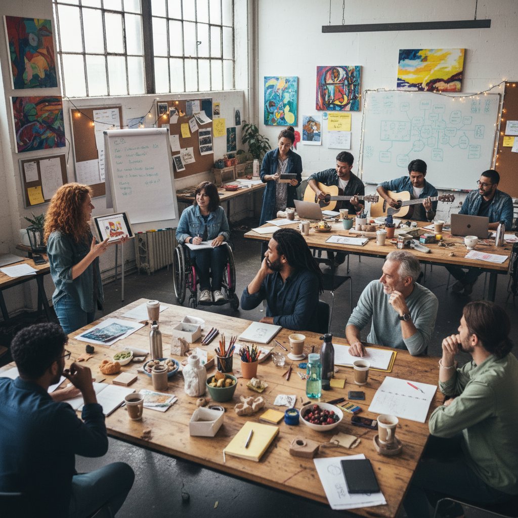 Diverse group of creatives sharing ideas in a vibrant workshop, hands gesturing passionately, symbolizing creative support network