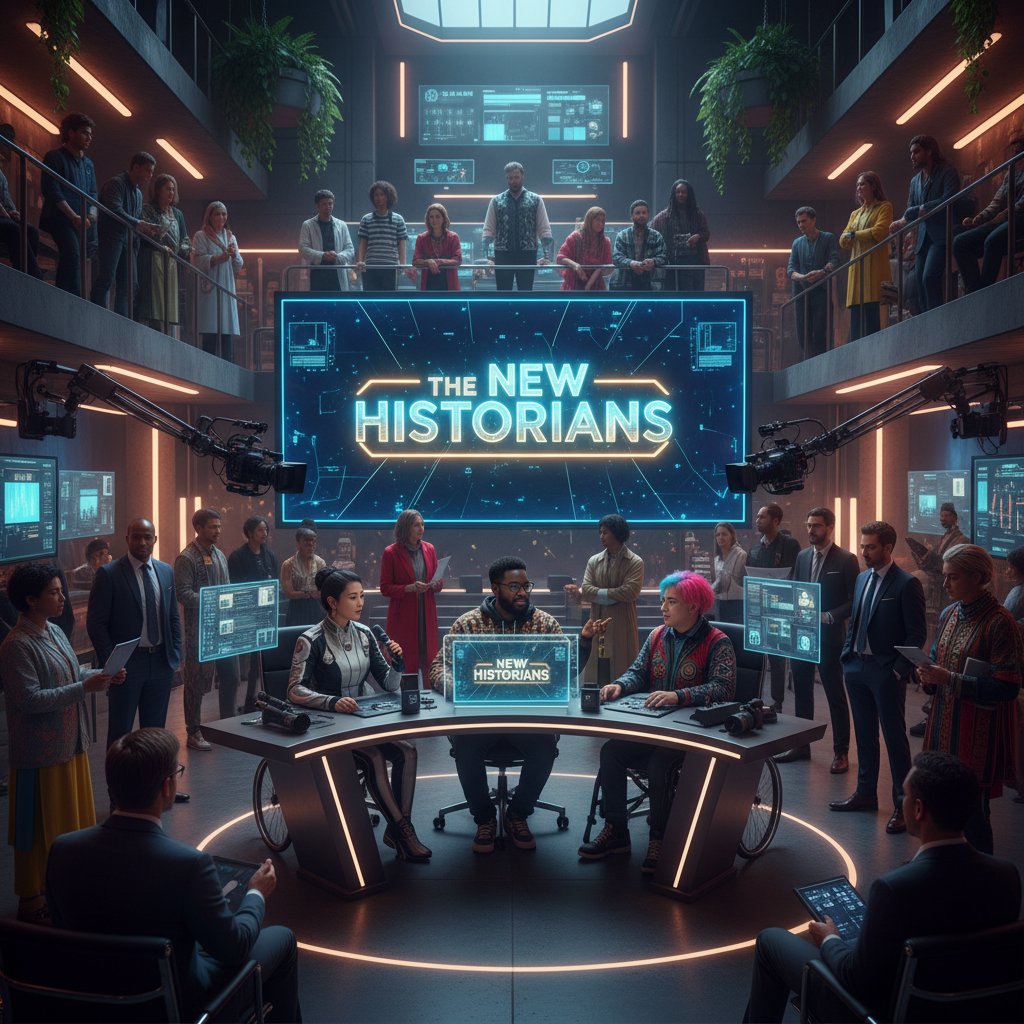 Photo of a diverse group of creators live-streaming and recording podcasts about film history in a lively studio, representing the new historians of cinema