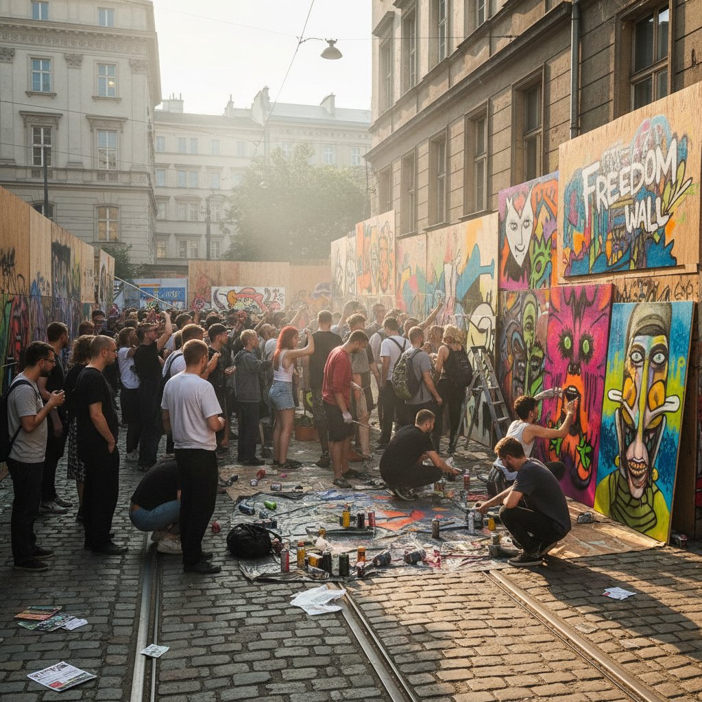 Tłum na spontanicznym wydarzeniu street art w Warszawie, żywa, surowa atmosfera