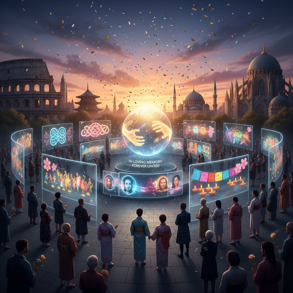 Diverse cultural digital memorial displays, vibrant global event montage with solemn and celebratory scenes