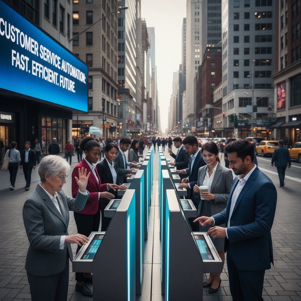 A diverse crowd navigating automated service kiosks, urban setting, some struggling, some thriving, illustrating the digital divide in automated customer service