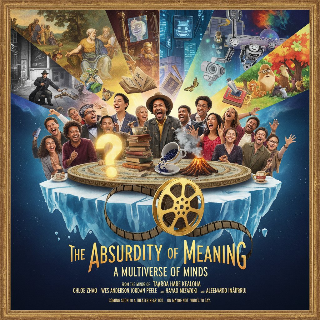 Diverse group of movie directors collaborating on a philosophical comedy film set