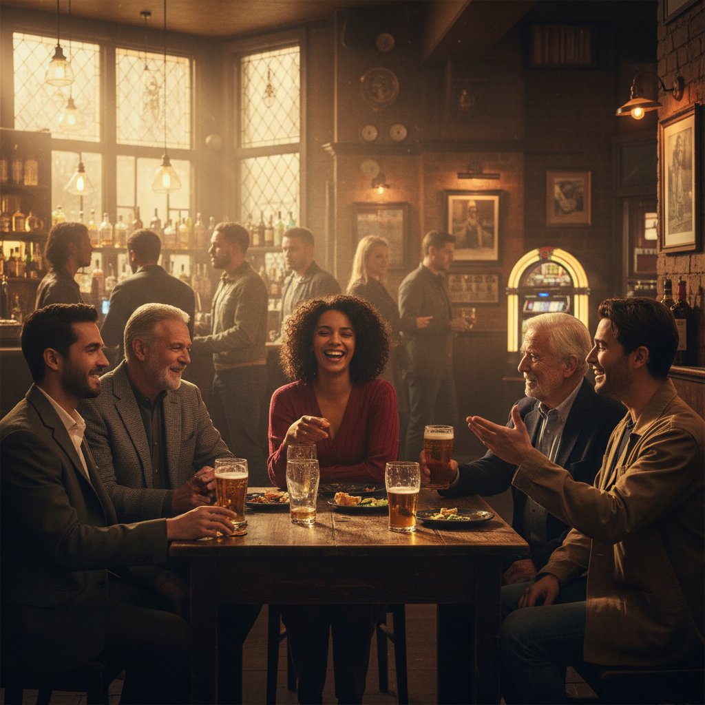 Diverse ensemble cast in London pub, varied expressions, dynamic lighting, moody, 16:9
