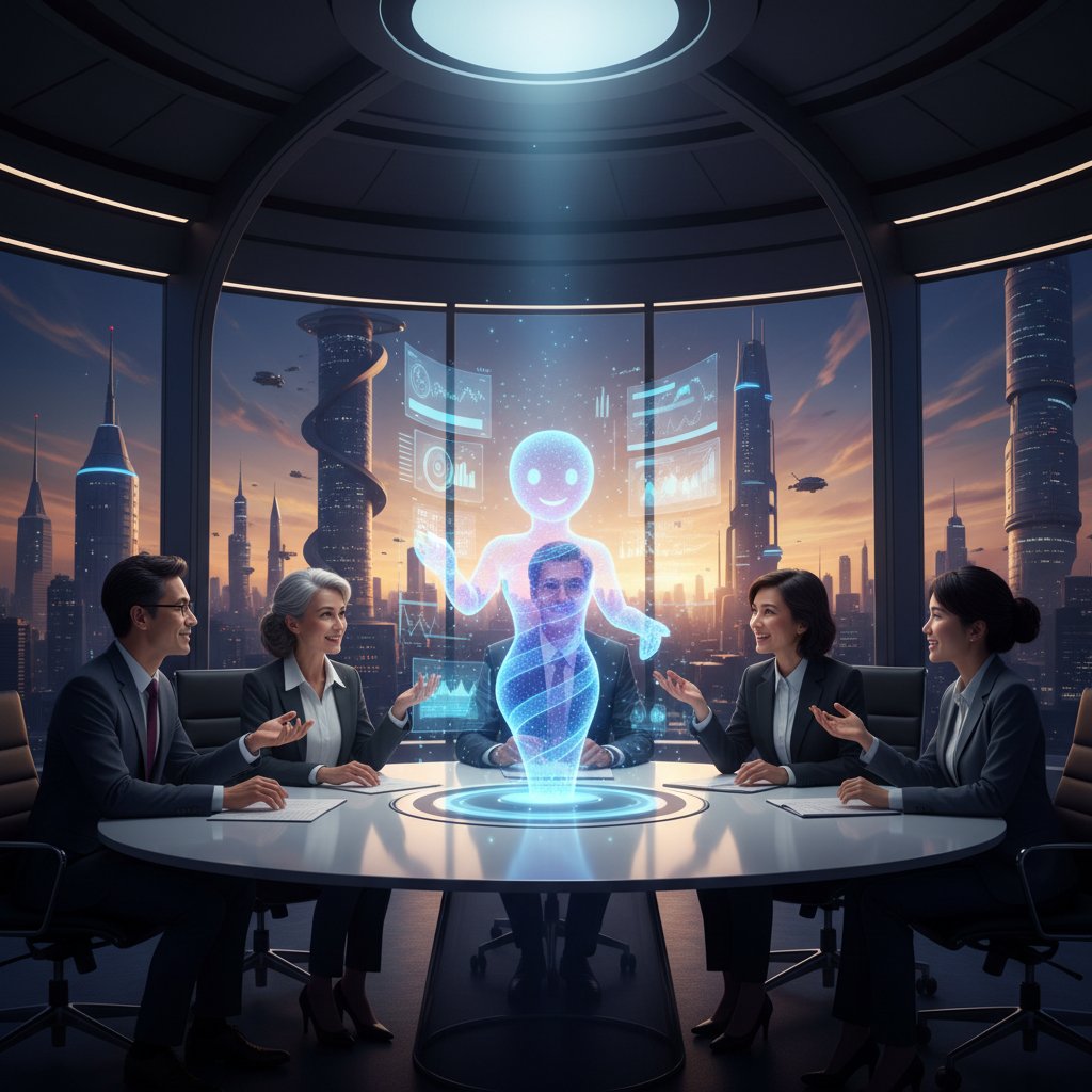 Diverse enterprise team brainstorming with holographic AI assistant, symbolizing the future of AI-powered collaboration in operational efficiency