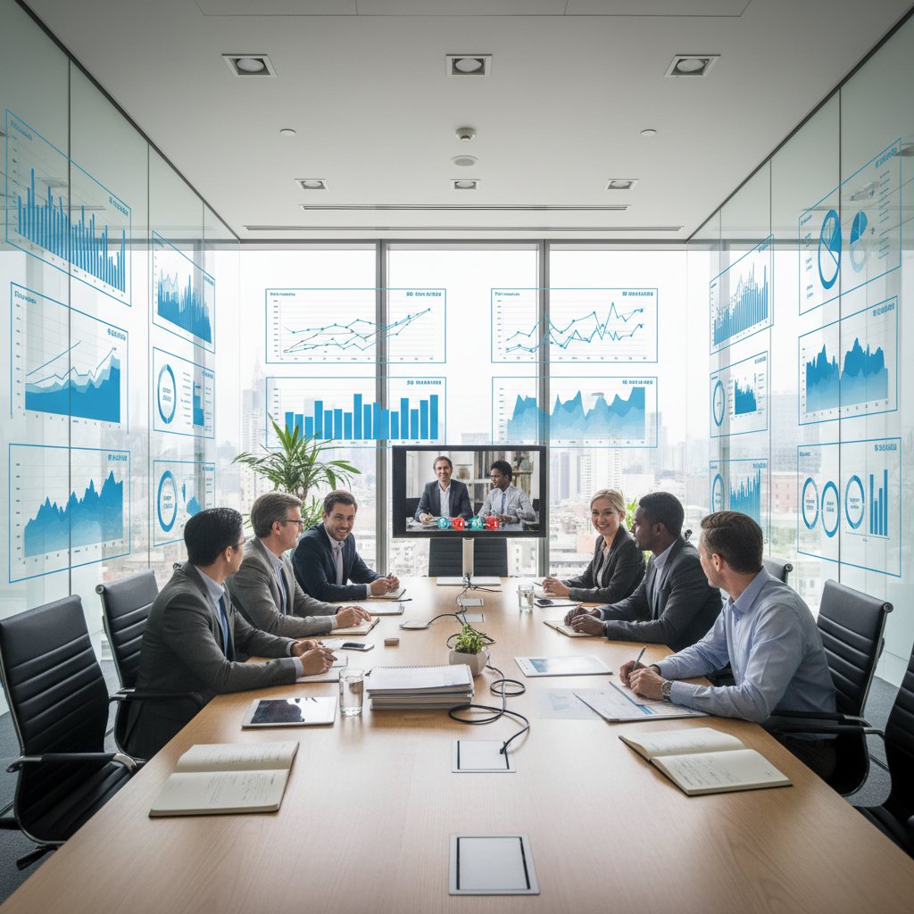 A diverse enterprise team in a glass conference room reviewing organized documentation and digital dashboards