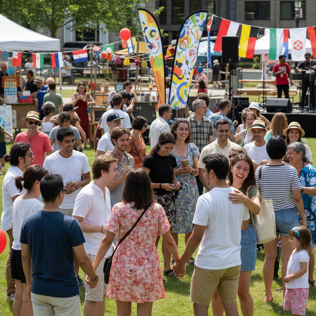 Grupa różnorodnych emigrantów na wspólnym wydarzeniu, uśmiechy, poczucie wspólnoty