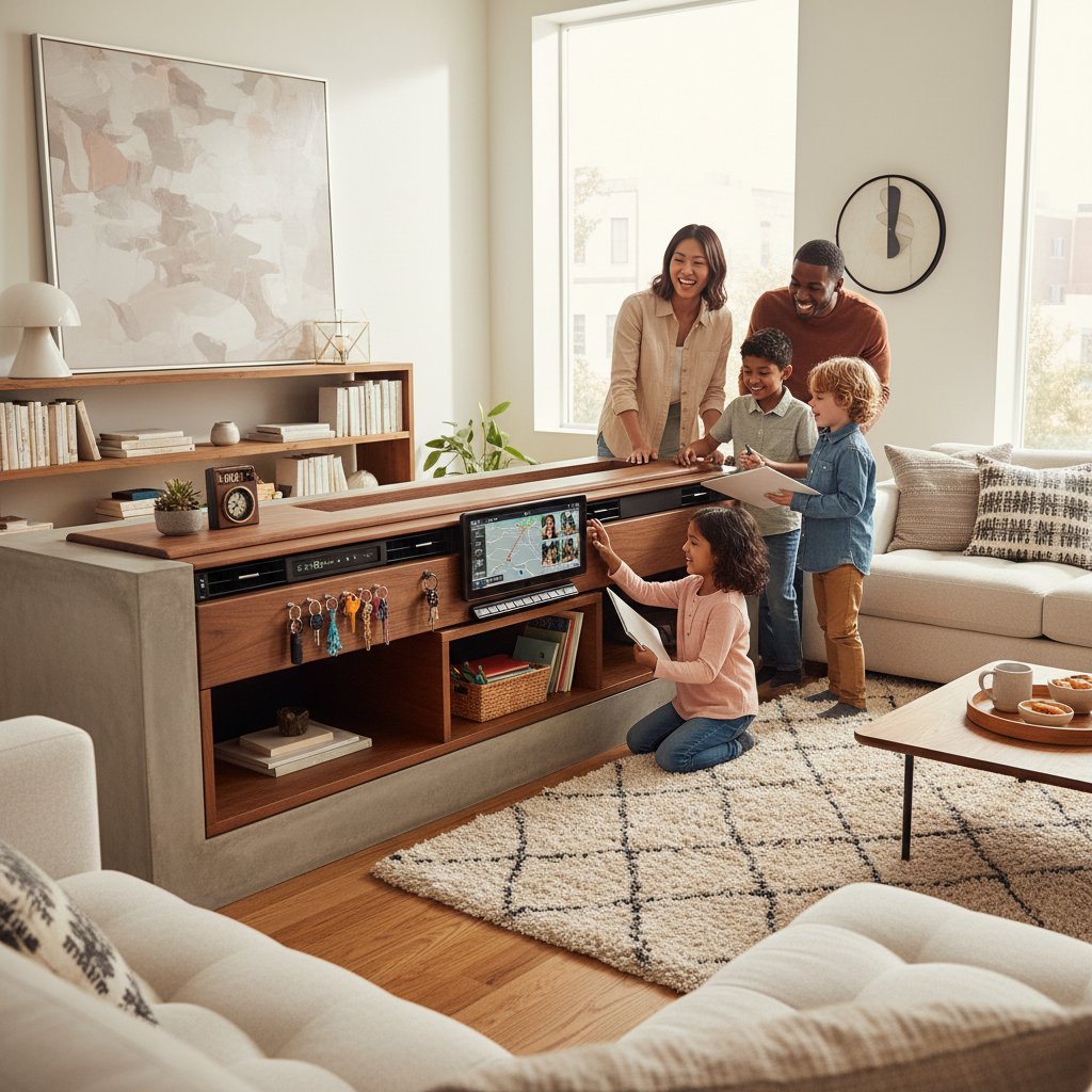 Diverse family reviewing personalized car dashboard recommendations on AI car assistant site, lifestyle photo