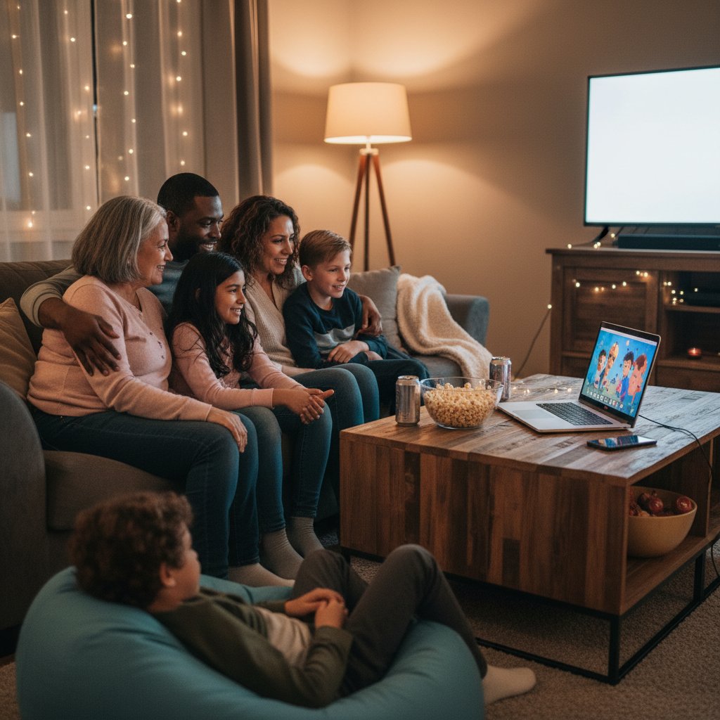 Streaming platforms bringing diverse audiences together, family laptop, movie demographics