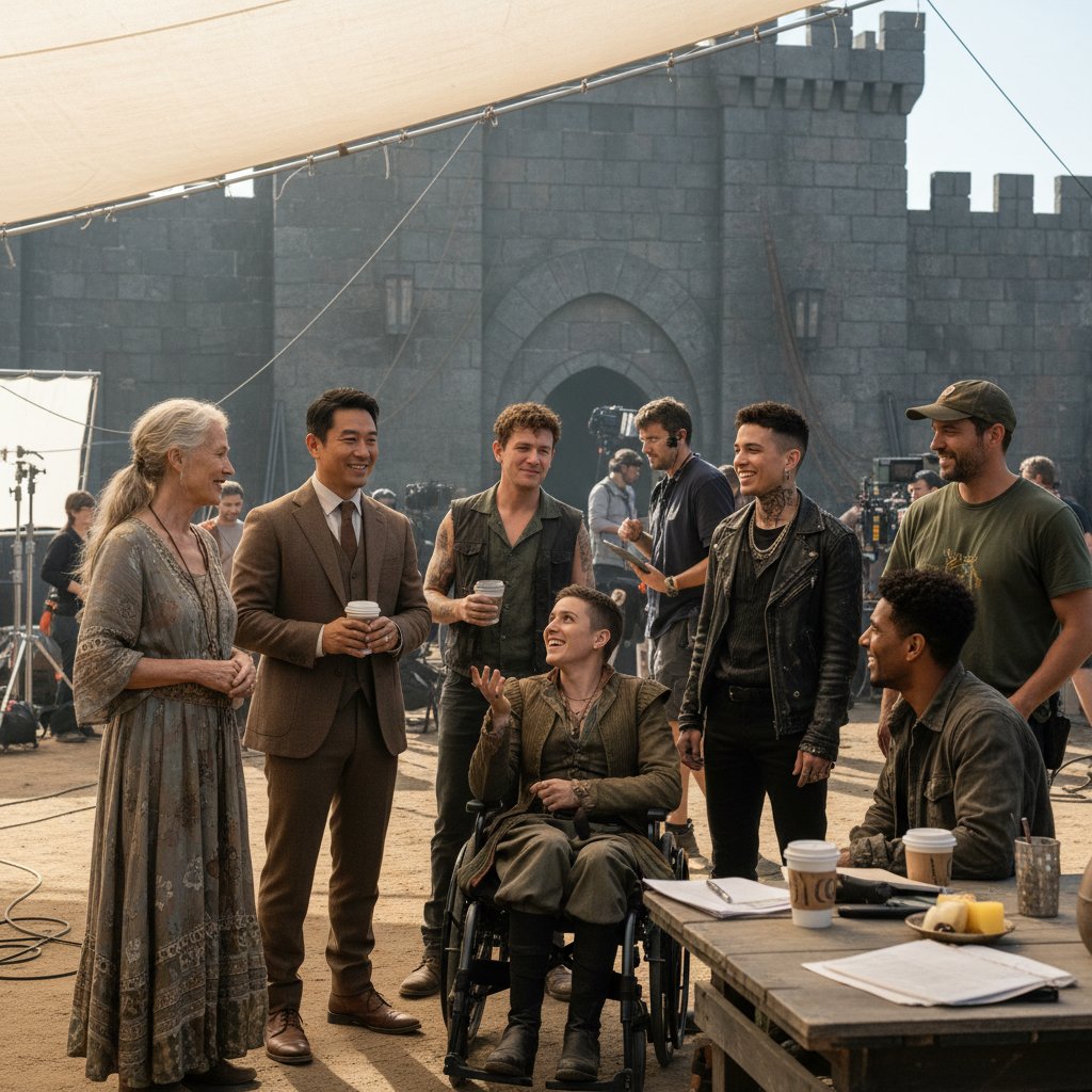 Inclusive film cast talking on set, representing multiple identities and age diversity in movies