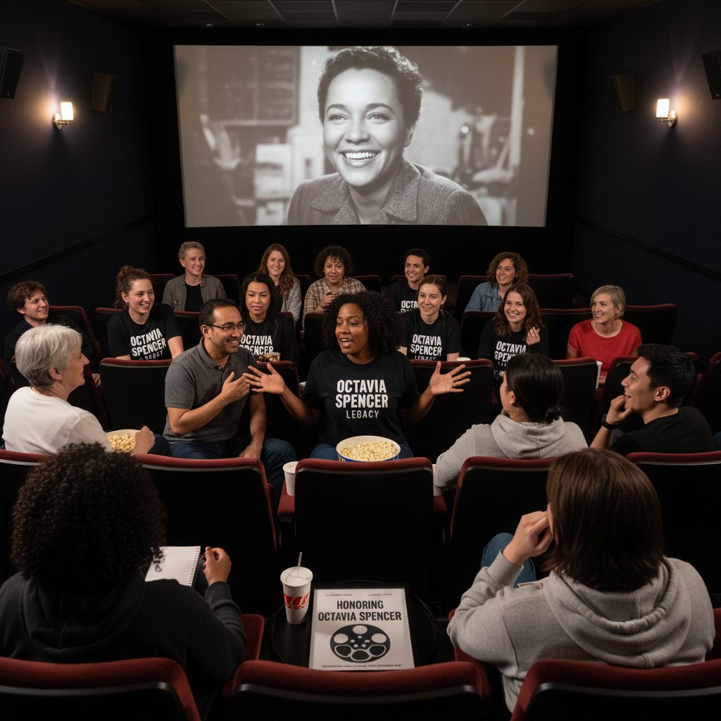 Diverse film fans engaging with Octavia Spencer's legacy, group watching a film together in lively discussion