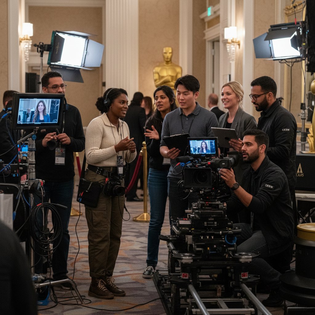 Group of diverse filmmakers behind the scenes at the Oscars