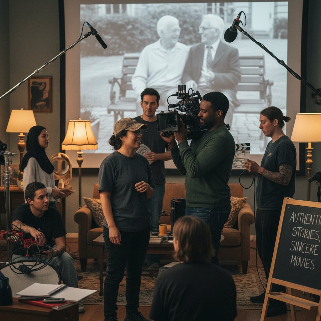 A diverse cast and crew gathered on a film set, collaborating on a sincere and authentic story.