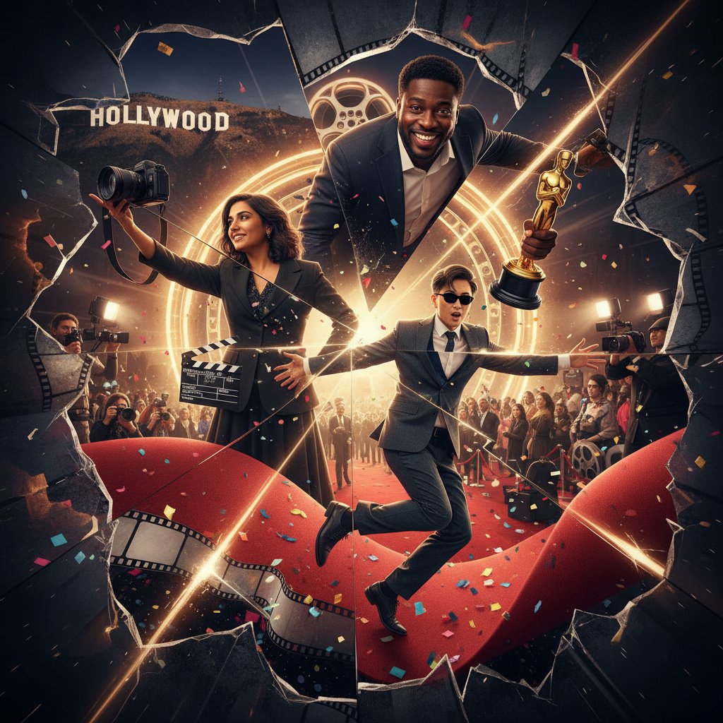 A vibrant photo of a diverse group of filmmakers walking a red carpet, representing breaking barriers and diversity in film history