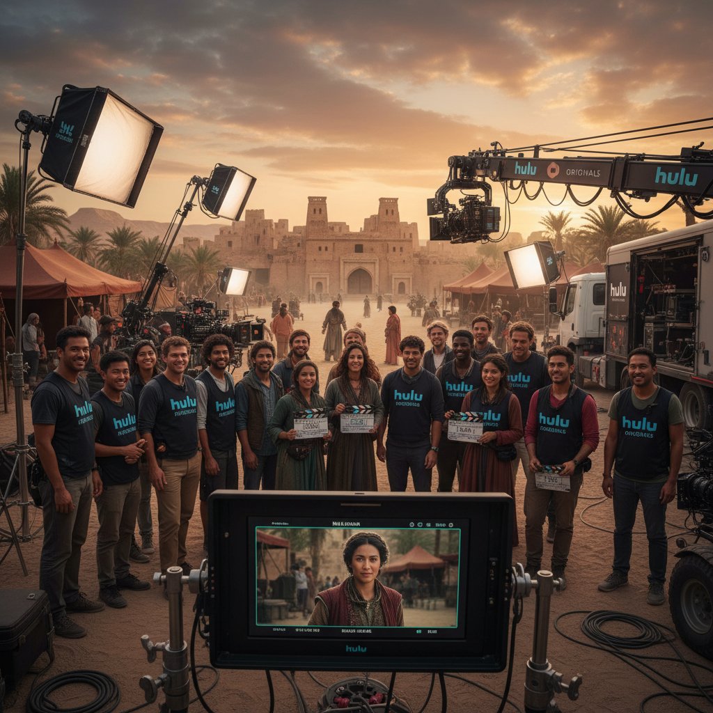 A diverse group of filmmakers on set, representing Hulu’s global and multicultural lineup