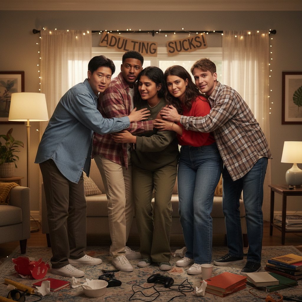 Diverse group of friends in an awkward but heartfelt embrace, symbolizing inclusion and shifting identity in growing pains comedies.