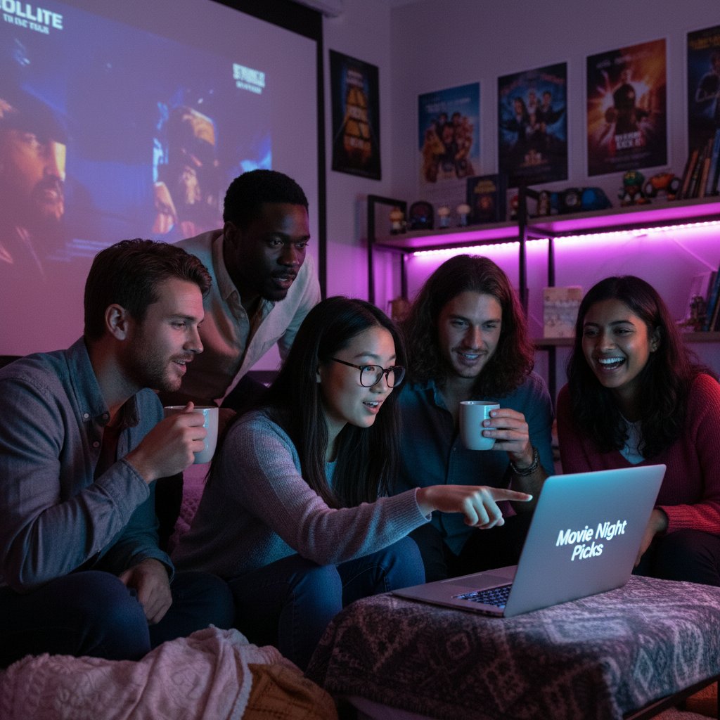 Diverse group of friends discussing films around a laptop, creative lighting. Alt: Friends debating movies, sharing cultural perspectives thanks to free movies