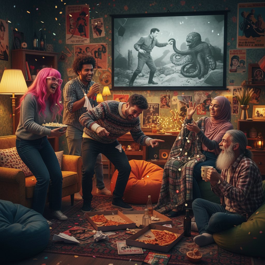 Group of diverse friends laughing together over a quirky film, representing the shared joy of movie stranger in strange comedy