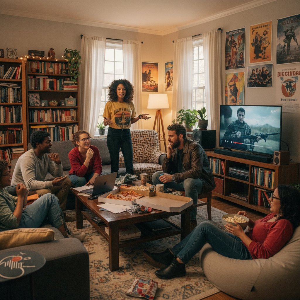 Intimate scene of diverse friends debating military movies at home, 16:9, authentic vibe