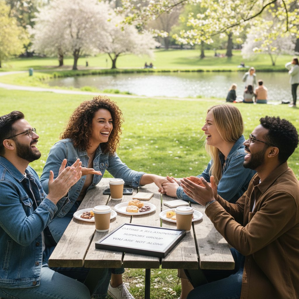 Diverse friends sharing support and laughter outdoors, symbolizing community and support in modern dating