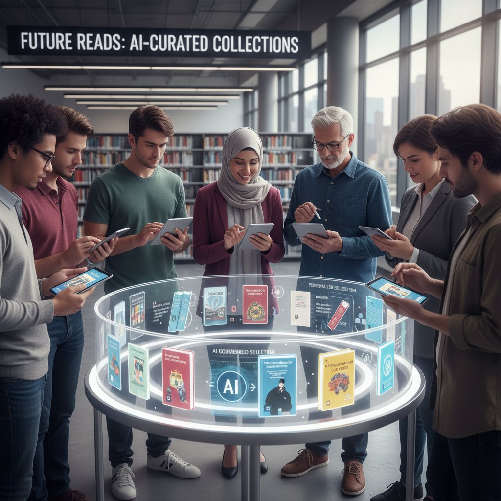 Grupa różnorodnych ludzi wspólnie korzystająca z aplikacji AI do wyboru książki
